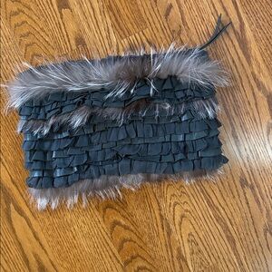 Chic green Ruffled Clutch with Gray Fur Trim